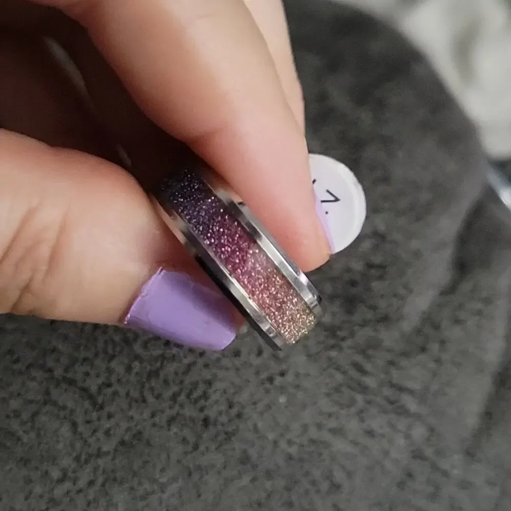 Size 10.5 (20mm) Rainbow Glitter Stainless Steel silver ring